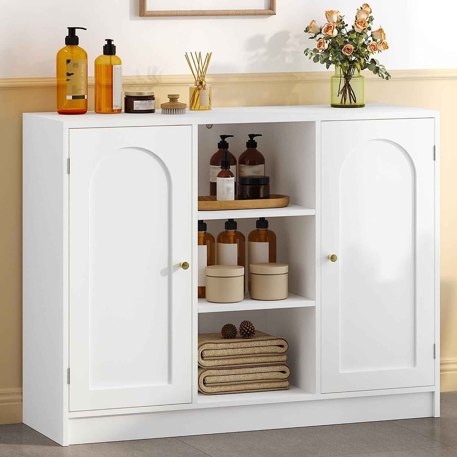 Meuble Salle De Bain, Meuble De Rangement Avec Étagère Réglable | Armoire Sur Pied Avec Arquées Et 3 Étagères Ouvertes, Pour Salle De Bain, Salon, 30 X 100 X 81,5 Cm, Blanc SC21203X
