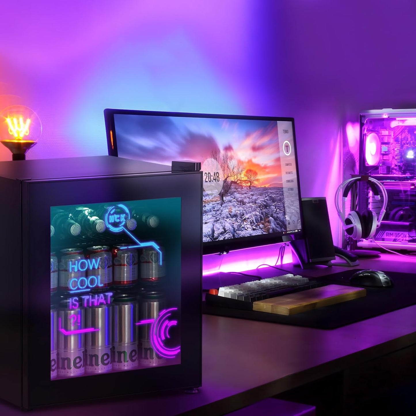 Mini Frigo, Réfrigérateur Pour Boissons Avec Éclairage Moderne Cyberpunk, 48L Petit Frigo Silencieux De 0-15°C, Mini Bar Intérieur, Pour Salle De Jeux, Fête, Noir.