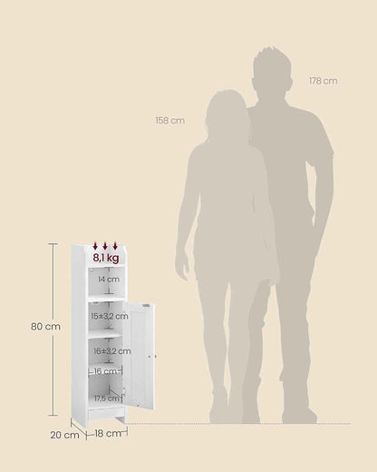 Meuble De Salle De Bain, Armoire D’Angle Avec Porte Et Étagères, Organisateur De Rangement, Meuble Étroit Pour Papier Toilette, Étagères Réglables, 20 X 18 X 80 Cm, Blanc Nuage BBC310W01