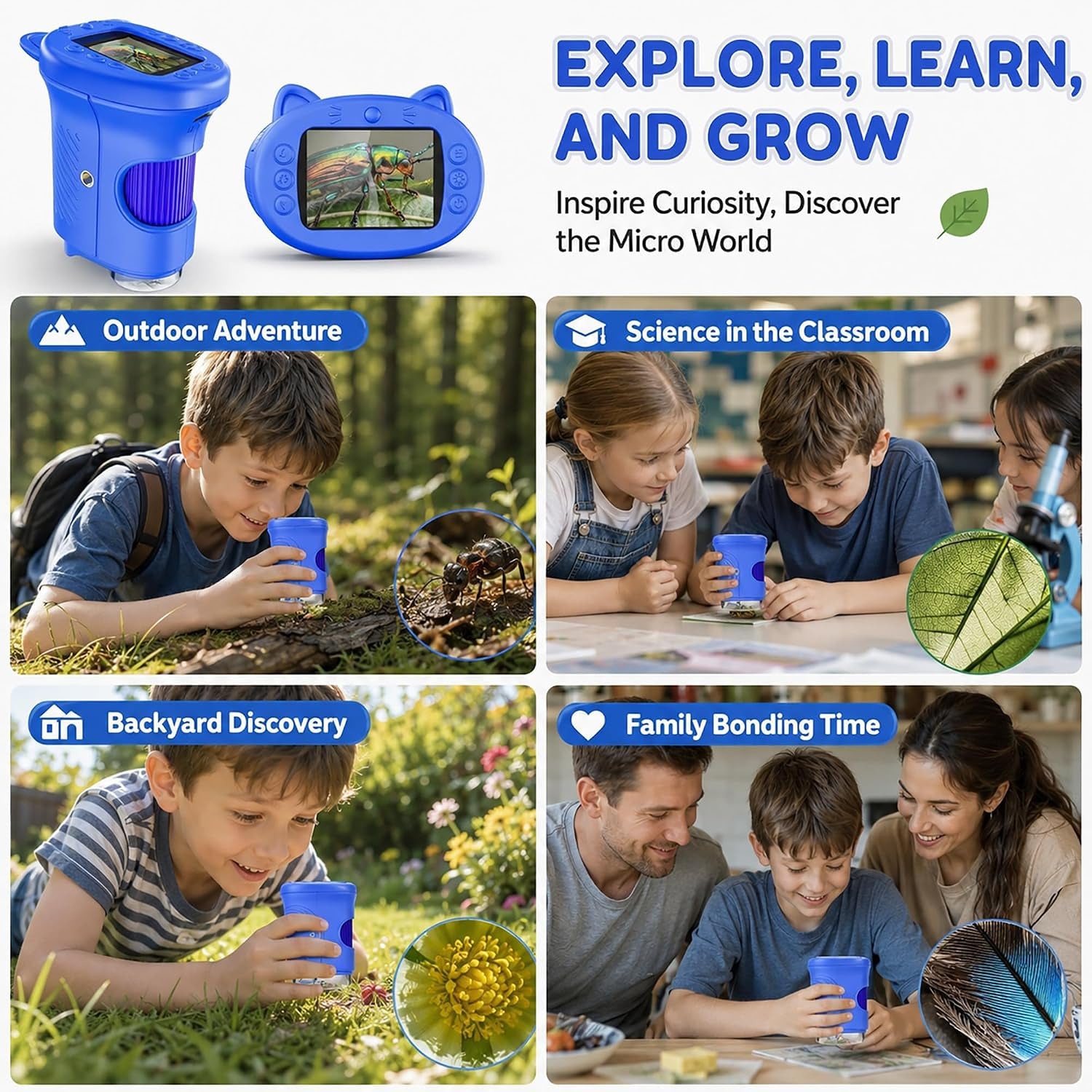 Microscope Enfant, Microscope Numérique Portable 1000X 4K Avec Écran IPS 2,4", 8 LED, USB Rechargeable, Jouet Éducatif Scientifique STEM, Cadeau Anniversaire Fille Garçon 3-12 Ans, Bleu