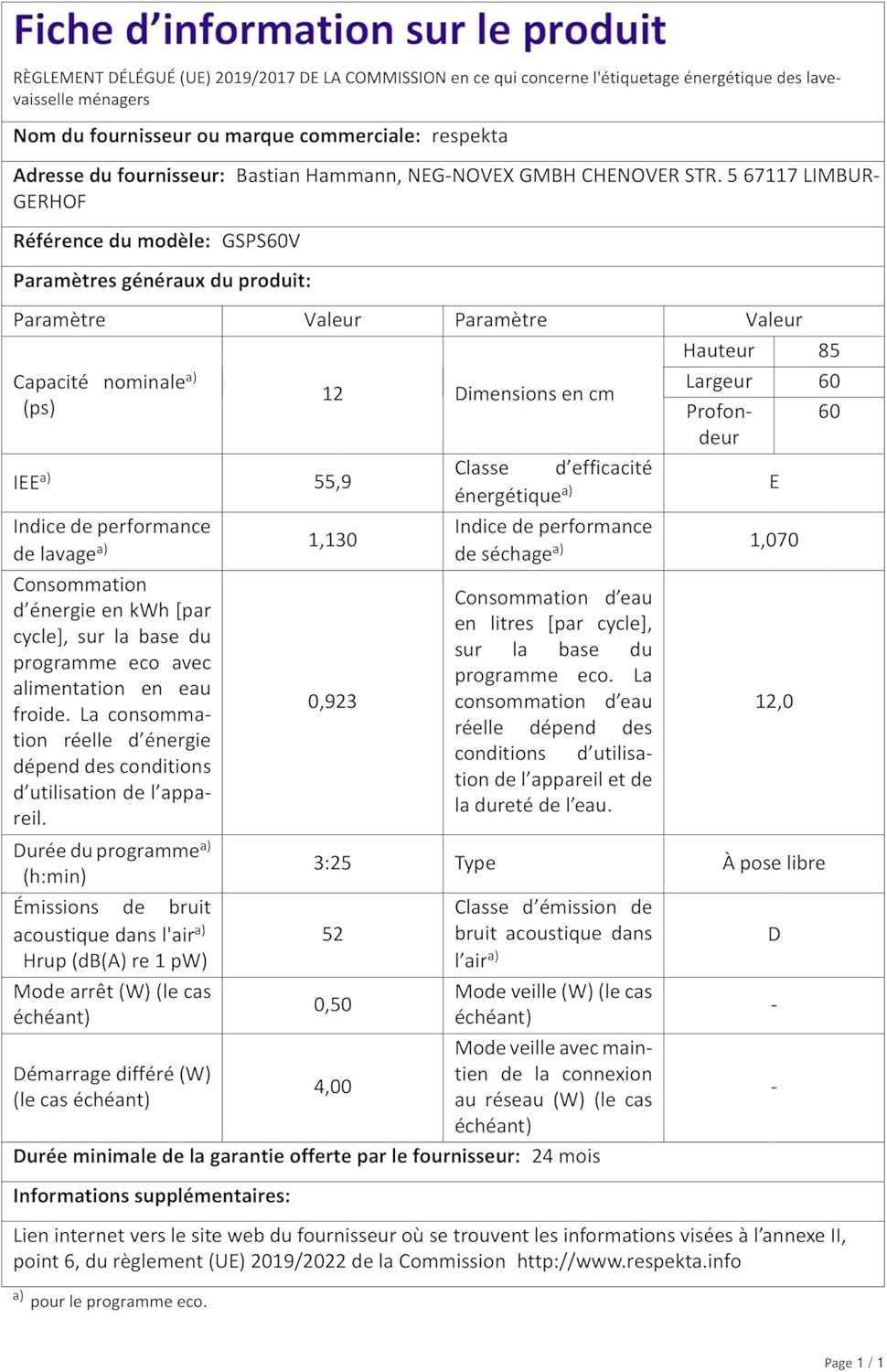 Respekta Lave-Vaisselle Autonome 60 Cm Blanc / Lave-Vaisselle Avec Panier À Couverts Flexible / 5 Programmes / Départ Différé / 12 Couverts / GSPS60V / Silencieux 52 Db