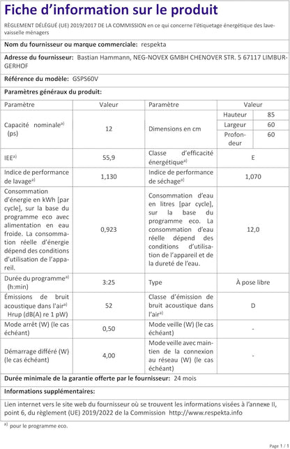 Respekta Lave-Vaisselle Autonome 60 Cm Blanc / Lave-Vaisselle Avec Panier À Couverts Flexible / 5 Programmes / Départ Différé / 12 Couverts / GSPS60V / Silencieux 52 Db