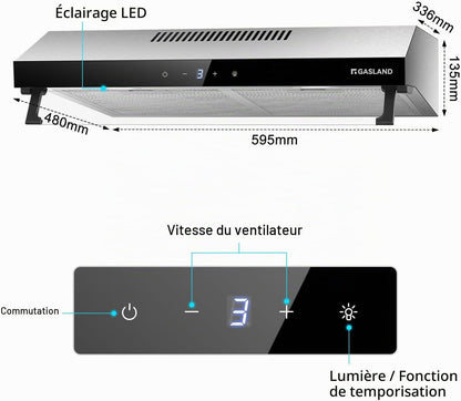 Chef UC60SS Hotte Aspirante Design À Double Moteur 60Cm Hotte Aspirante Silencieuse 333 M³/H Touch Control Hotte Sous Plan Hotte Aspirante Acier Inoxydable Argenté Avec Filtre À Charbon Actif