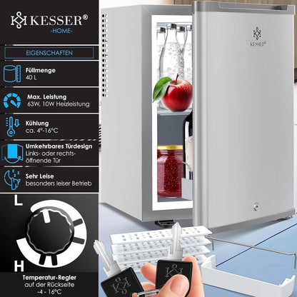 KESSER® Mini Réfrigérateur Avec Serrure, Mini Bar De 40 L, Silencieux, 22 DB, Verrouillable, Chambre À Coucher, Butée De Porte Amovible, Env. 4 À 16 °C, Hauteur 57 Cm, Éclairage Intérieur