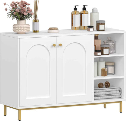 Meuble De Salle De Bain Avec 2 Portes, 3 Compartiments Ouverts | Meuble De Rangement Et Étagères Réglables, Armoire Sur Pied, Pour Salon, Entrée, 35 X 100 X 75 Cm, Blanc-Or SC10203G