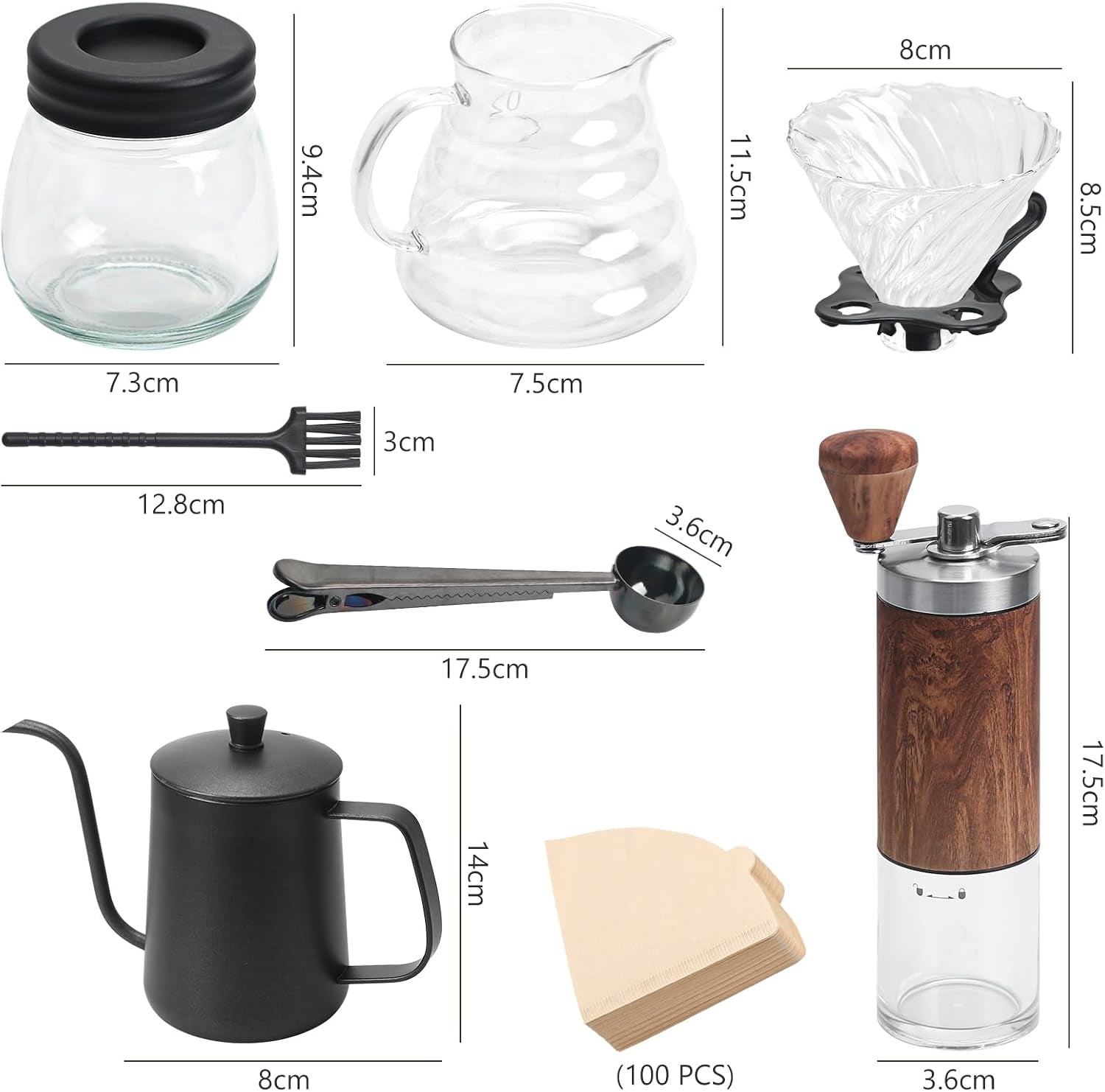 Ensemble De Moulin À Café Manuel De 7 Pièces,Ensemble D'Outils De Brassage De Café Portable,Coffee Grinder Degré Avec Bouilloire 600Ml,Mouture Réglable,Outdoor Travel Picnic（100 Filtres）