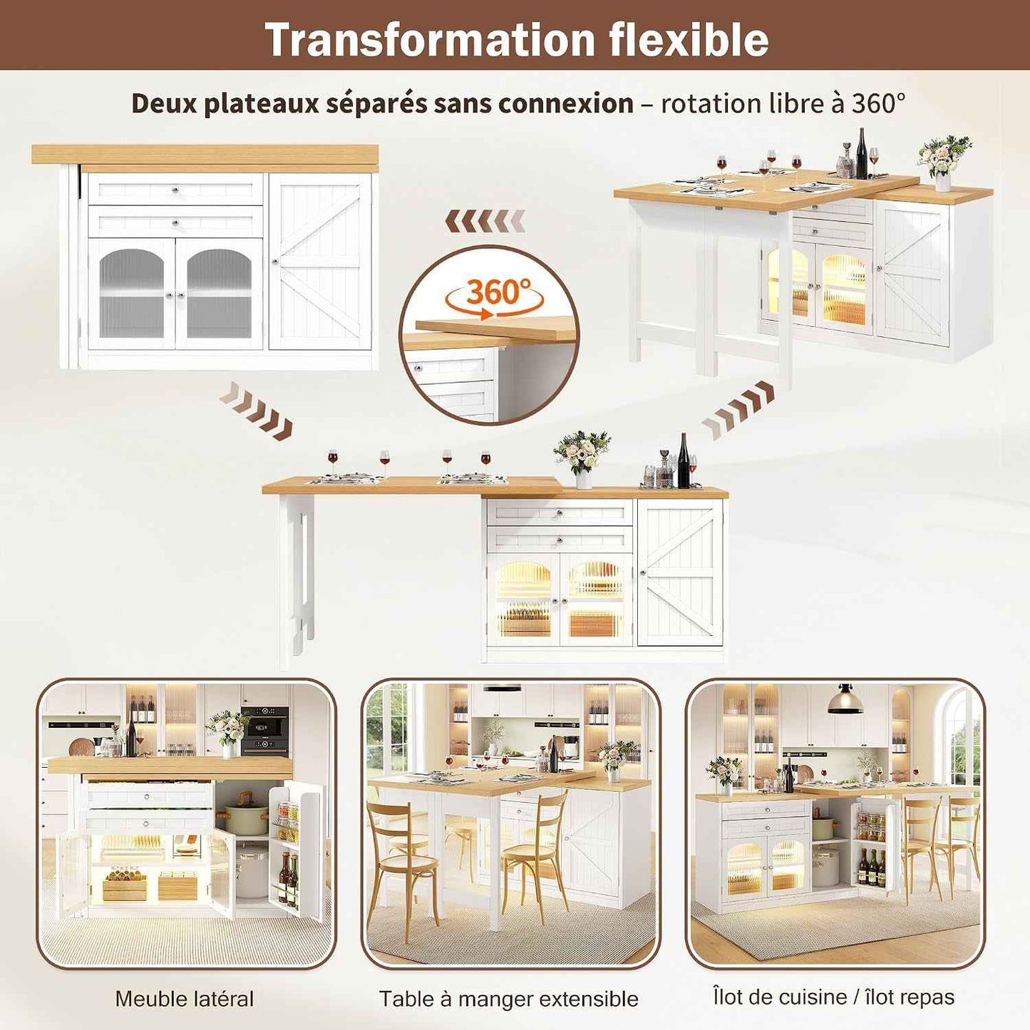 Îlot Central Cuisine Extensible 120-194 Cm Avec Plateau Pivotant 360°, Meuble De Cuisine Avec Portes En Verre Et Rangements, Blanc