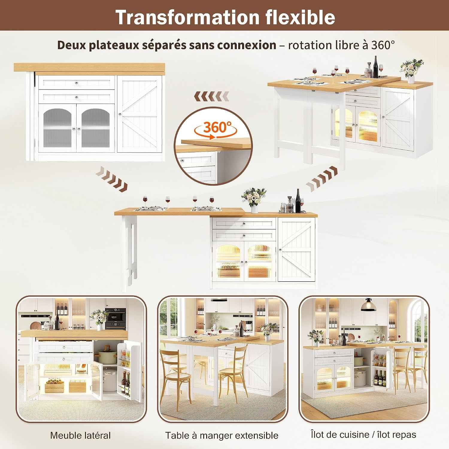 Îlot Central Cuisine Extensible 120-194 Cm Avec Plateau Pivotant 360°, Meuble De Cuisine Avec Portes En Verre Et Rangements, Blanc