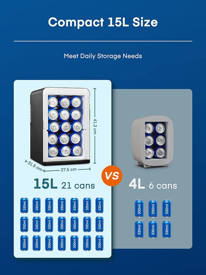 Mini Frigo De Chambre 15L/21 Canettes, Petit Frigo Portable 240V/12V, Mode Silencieux, Fonction Chaud/Froid, Frigo Cosmetique Noir
