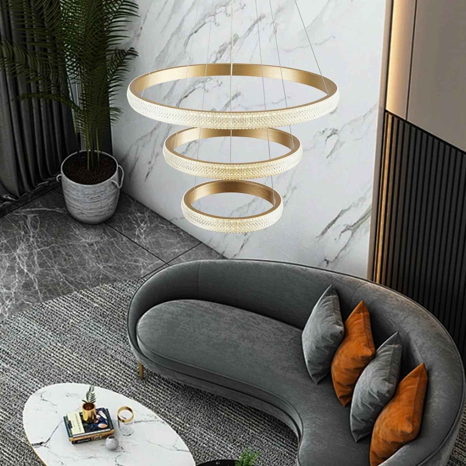 Lustre Moderne En Cristal Pour Salle À Manger, Appareil D'Éclairage Doré, 3 Anneaux, Lustre LED Pour Éclairage D'Îlot De Cuisine, Intensité Variable Avec Télécommande, Suspension De Plafond Moderne En