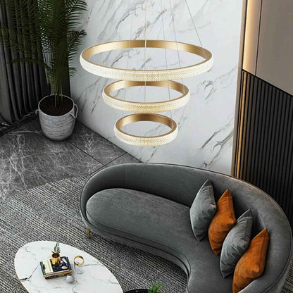 Lustre Moderne En Cristal Pour Salle À Manger, Appareil D'Éclairage Doré, 3 Anneaux, Lustre LED Pour Éclairage D'Îlot De Cuisine, Intensité Variable Avec Télécommande, Suspension De Plafond Moderne En