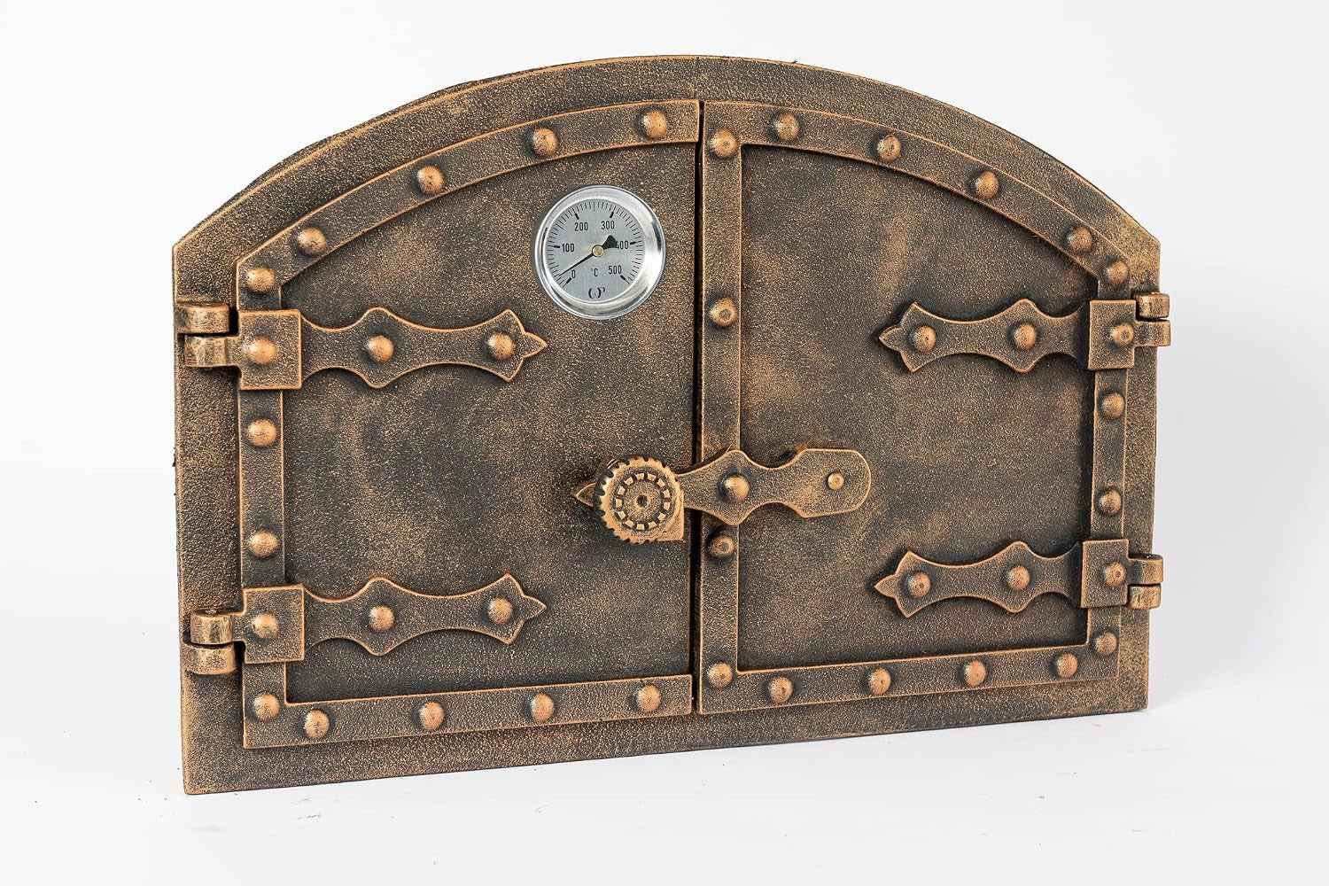 Porte De Four Double En Fonte Avec Thermomètre 500 °C, Avec Loquet De Porte, Aspect Rivet, Porte De Four À Pizza - Four À Pain - Porte De Four En Pierre, 53,2 X 5,5 X 35,5 Cm, Peinture Cuivrée