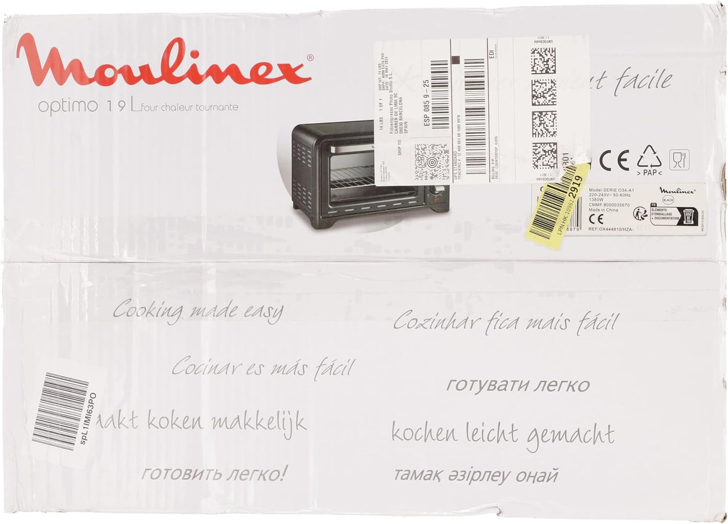 Four Électrique Posable 19 L, Compact, Chaleur Tournante, 6 Modes De Cuisson, Thermostat Réglable Jusqu’À 240°C, Minuteur 120 Min, Grille Réversible, Lèche Frites, Optimo Noir OX444810