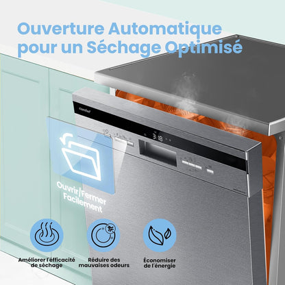 Lave-Vaisselle Pose Libre ' FD1435E-X Pour 14 Couverts, Grand Format, 44 Db, Grand Écran LED, Départ Différé, Fonctionnalité Demi-Charge, Supports Flexibles, Acier Inoxydable