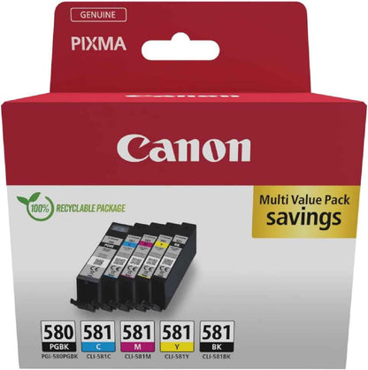 Canon PGI-580 + CLI-581 Multipack Cartouches D'Encre D'Origine | Encre Canon Authentique - Noir Pigmenté plus Noir, Cyan, Magenta Et Jaune - Pour PIXMA TR8550, TR7550, TS6150 Et plus !