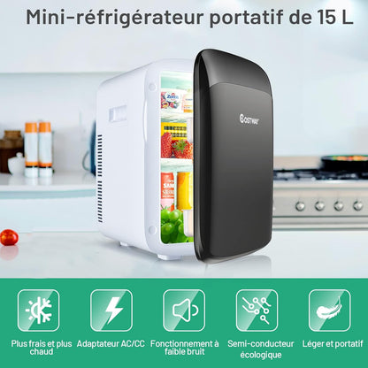 Mini Frigo 15L Mini Réfrigérateur 2 En 1 Fonction De Refroidissement Et De Chauffage, Température -3 ℃ ~ 50 ℃, Mini Frigo Portable 76 Kwh/An Pour Maison/Voiture (Noir)