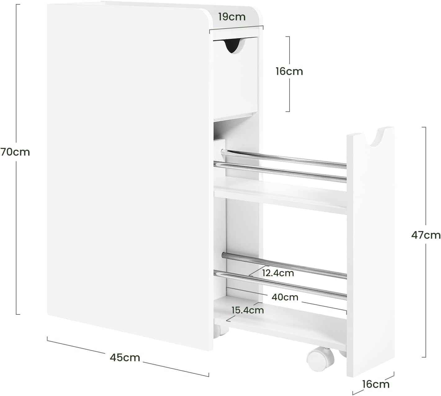Meuble Salle De Bain, Armoire Salle De Bain Étroite, Avec 2 Tiroirs, En Bois D'Ingénierie, Blanc, 19X45X70Cm