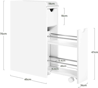 Meuble Salle De Bain, Armoire Salle De Bain Étroite, Avec 2 Tiroirs, En Bois D'Ingénierie, Blanc, 19X45X70Cm