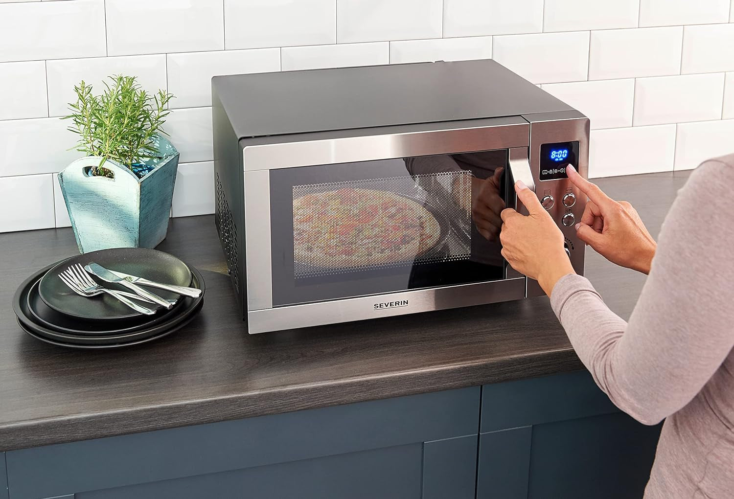 Micro-Ondes 4 En 1, 25 L, Double Gril, Mini Four Avec Fonction Pizza-Express, Micro-Ondes Avec Chaleur Tournante Jusqu'À 230 °C, Inox/Noir Mat, MW 7778