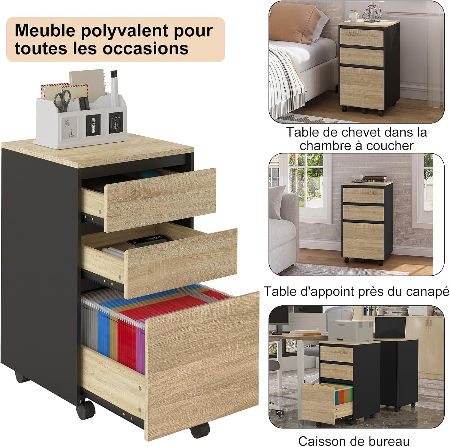 Caisson Bureau Mobile, Documents Avec 3 Tiroirs, Chêne Clair Et Noir | Sur Roulettes Meuble Rangement, 40X40X71.5Cm