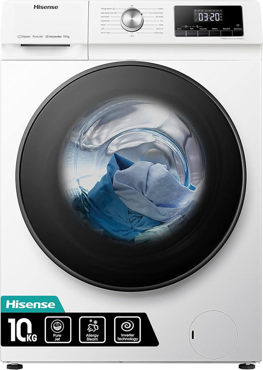 Hisense WFQA1014EVJM Machine À Laver Avec Fonction Vapeur, 10 Kg/Aquastop, 1400 Tr/Min, 15 Programmes, Moteur Inverter Powerdrive, Tambour En Acier Inoxydable, Sécurité Enfant, Nettoyage Du Tambour,