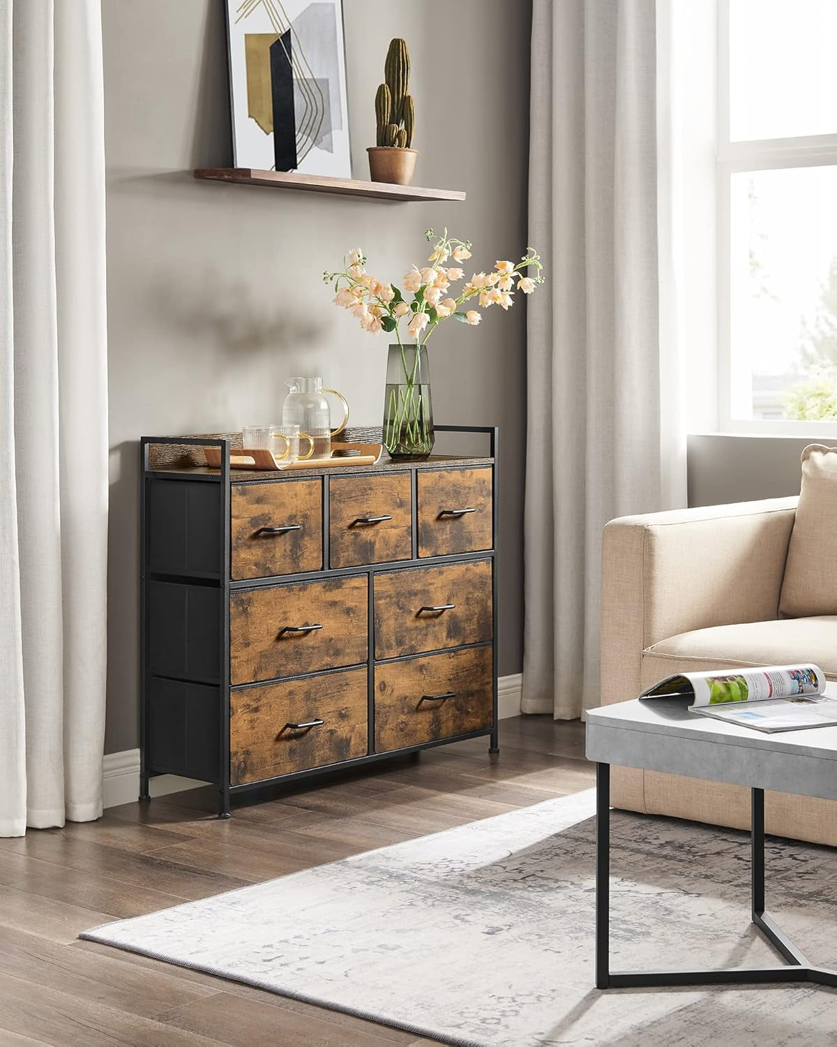BELLAH Collection - Armoire, Meuble De Rangement, 5 Tiroirs En Tissu Avec Poignées, Cadre En Métal, Style Moderne, Marron Rustique Et Noir D'Encre LTS137BH01 | Design Basique Moderne, Encre Noire Et Marron Rustique, Collection BELLAH LTS137B01