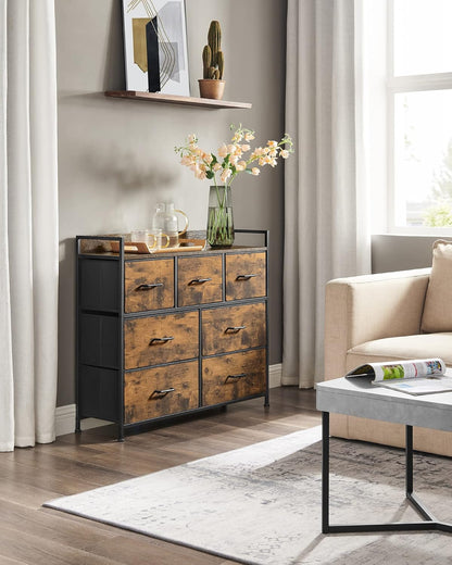 BELLAH Collection - Armoire, Meuble De Rangement, 5 Tiroirs En Tissu Avec Poignées, Cadre En Métal, Style Moderne, Marron Rustique Et Noir D'Encre LTS137BH01 | Design Basique Moderne, Encre Noire Et Marron Rustique, Collection BELLAH LTS137B01
