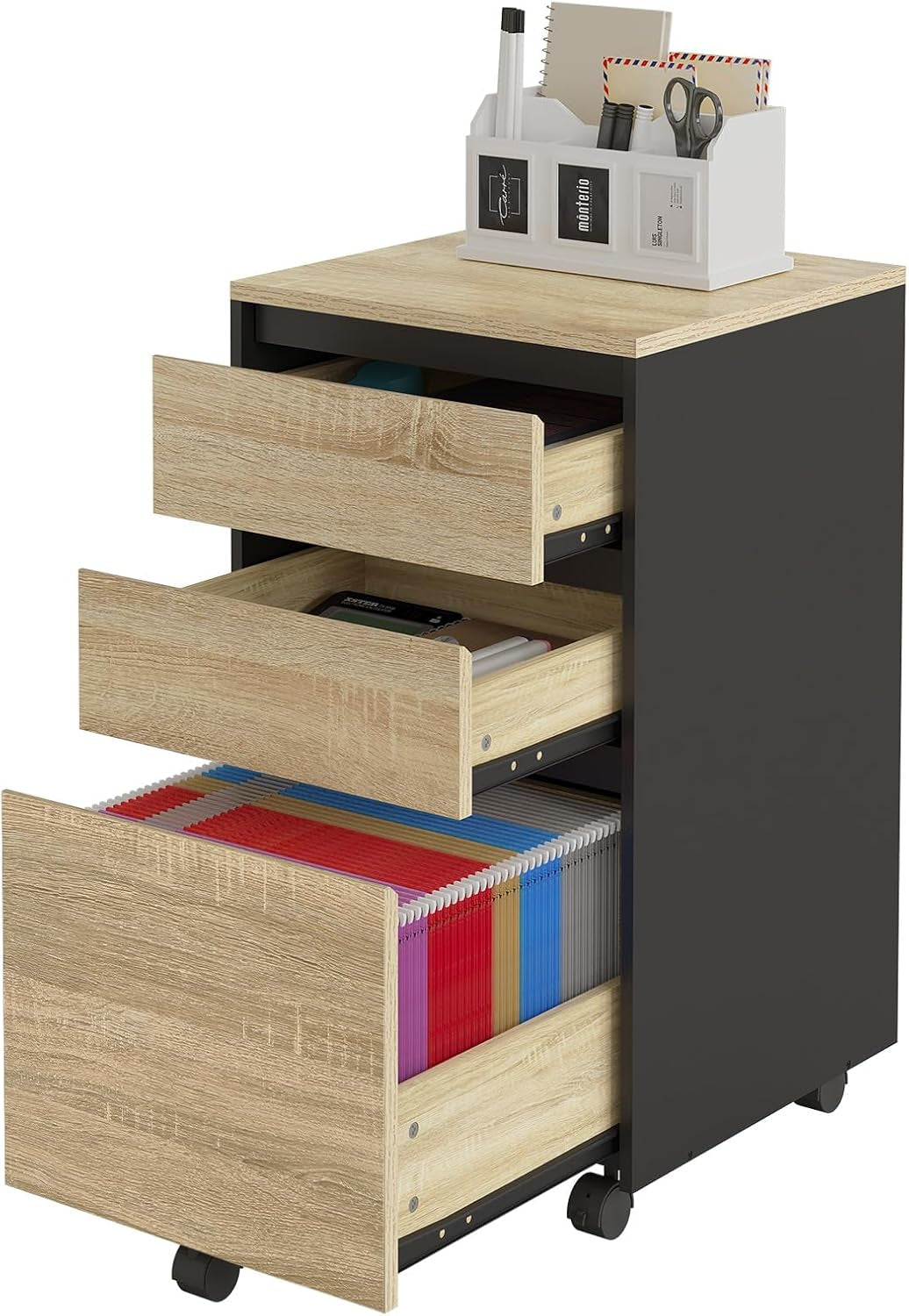 Caisson Bureau Mobile, Documents Avec 3 Tiroirs, Chêne Clair Et Noir | Sur Roulettes Meuble Rangement, 40X40X71.5Cm