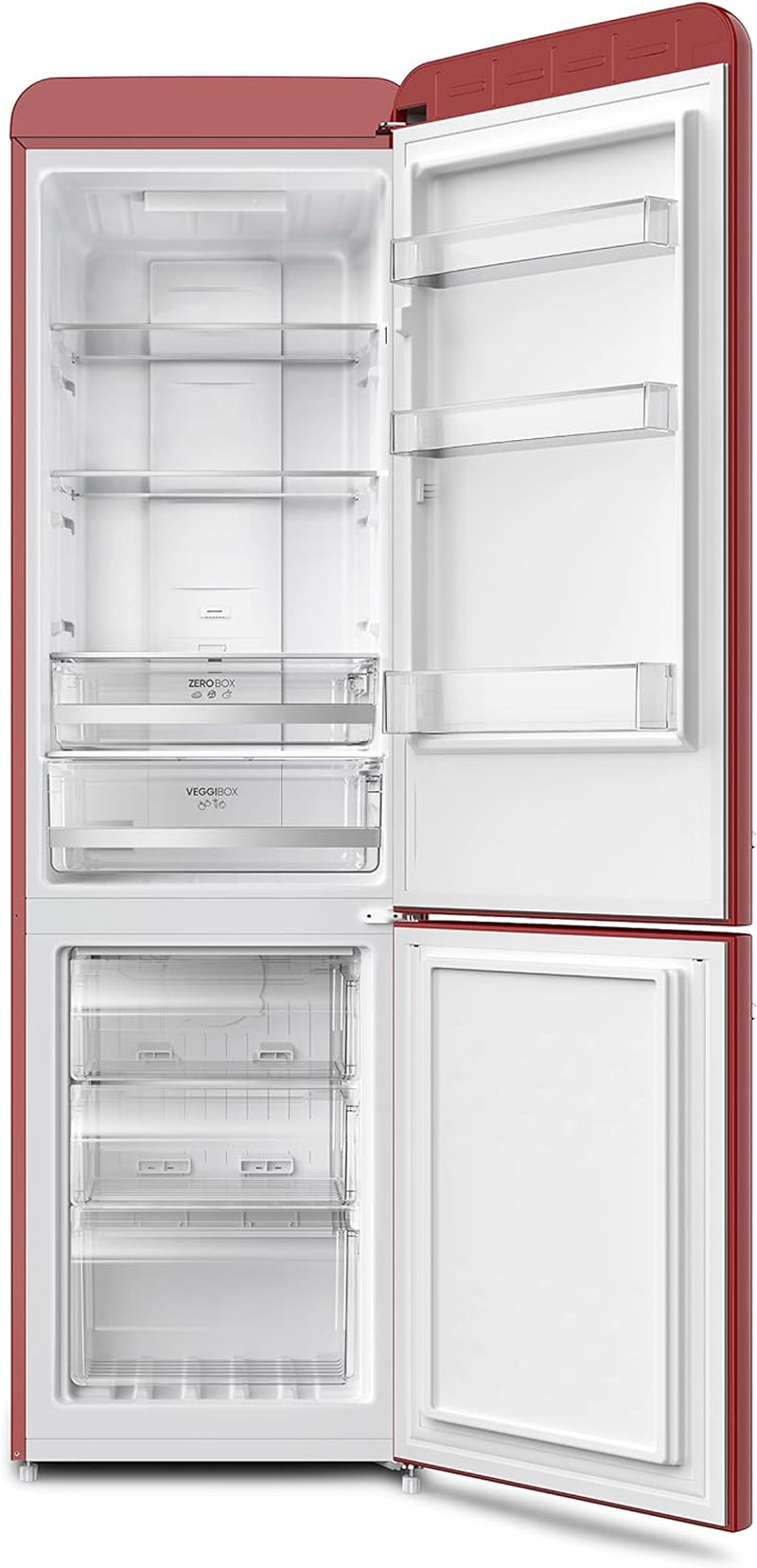 Réfrigérateur Congélateur Combiné Total Nofrost, Pose Libre, Largeur 54Cm, 250 L, Classe E, Veggibox Incluse, Rétro, Rouge, RKG 8927