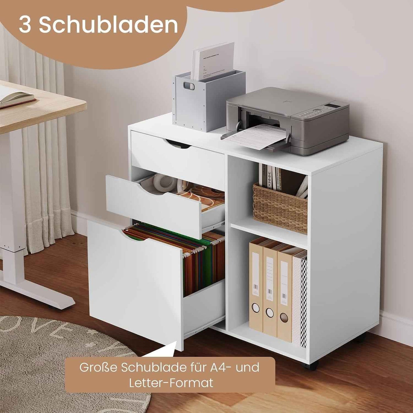 Caisson De Bureau Sur Roulettes, 80X39,5X69,5 Cm,Blanc | Avec 3 Tiroirs Et 2 Compartiments Ouverts, Armoire À Dossiers, Meuble De Rangement, Pour Bureau, Chambre