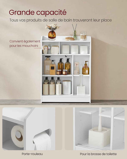 Meuble WC, Meuble Toilette, Pour Salle De Bain, Rangement Papier Toilette, Pour Brosse WC, Portes Coulissantes, Étagères Réglables, À Côté Des WC, 20 X 60 X 80 Cm, Blanc Nuage BBC752W01