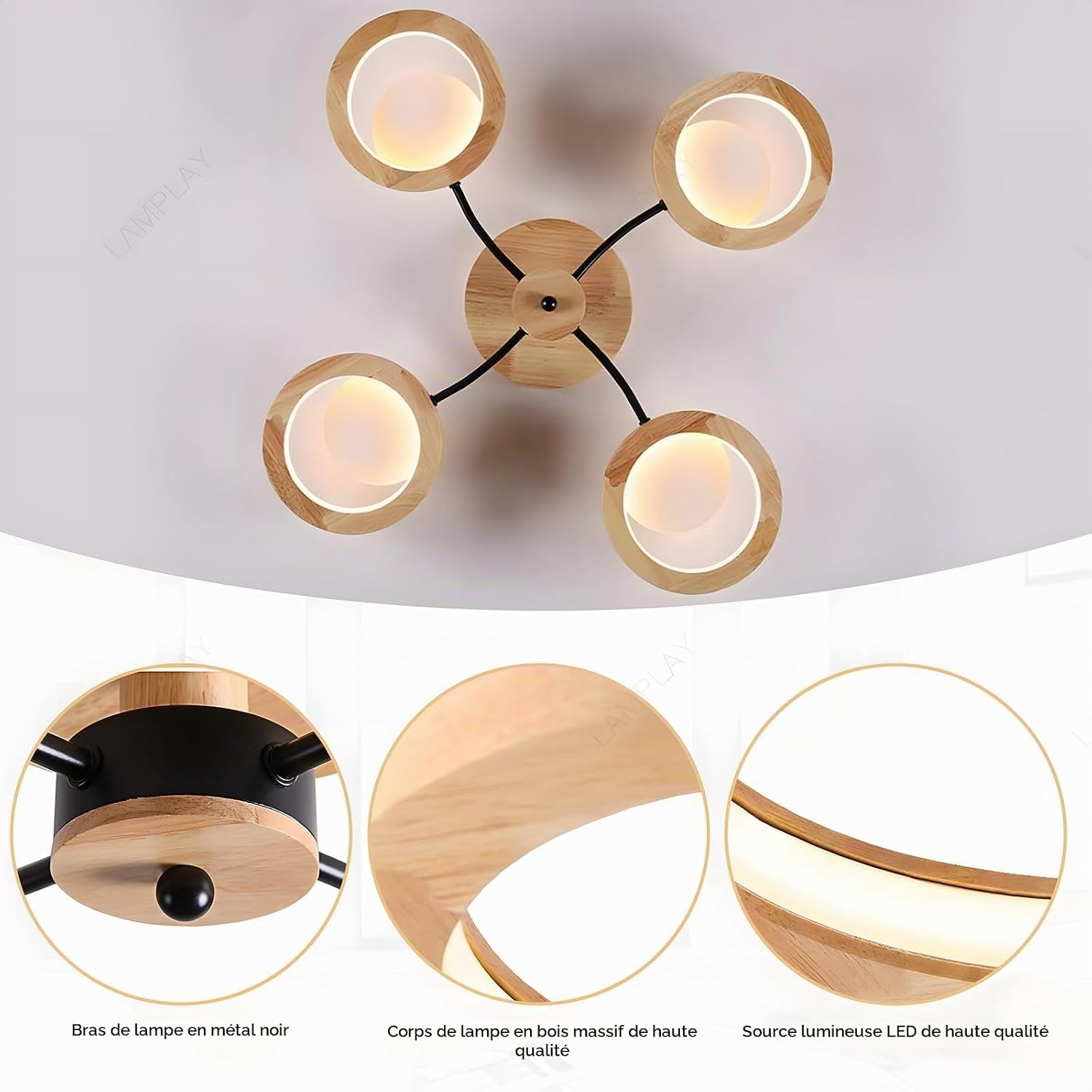 Plafonnier LED Moderne, Lustre Ø74Cm Dimmable Avec Télécommande 3000K-6000K, Bras Noir + 4 Anneaux En Bois, Abat-Jour Cercle En Métal, Salon Chambre Salle À Manger Bureau