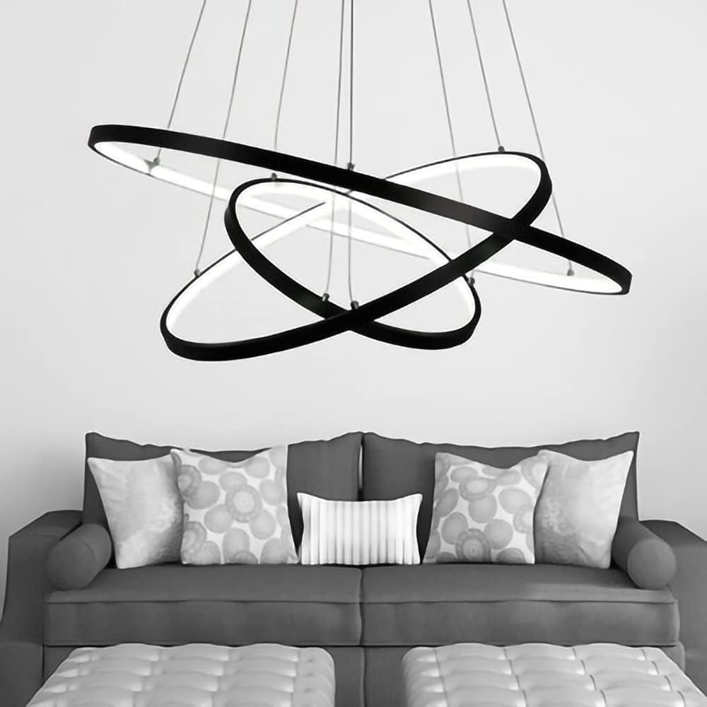 LED Lustre Salon Plafonnier Créatif Rond 3 Cercle Lustre, Dimmable Avec Télécommande 3000K-6500K, Acrylique Chambre Cuisine Bureau Décoration Lampes 76W (Noir)