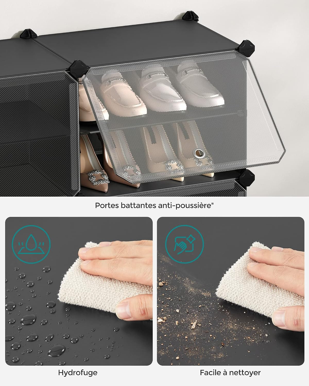 Étagère À Chaussures 10 Compartiments, Étagère De Rangement Modulable, Compartiment De 30 X 40 X 30 Cm, Porte, Cadre En Acier, Plastique, Pour Couloir, Chambre, Entrée, Noir LPC035B01