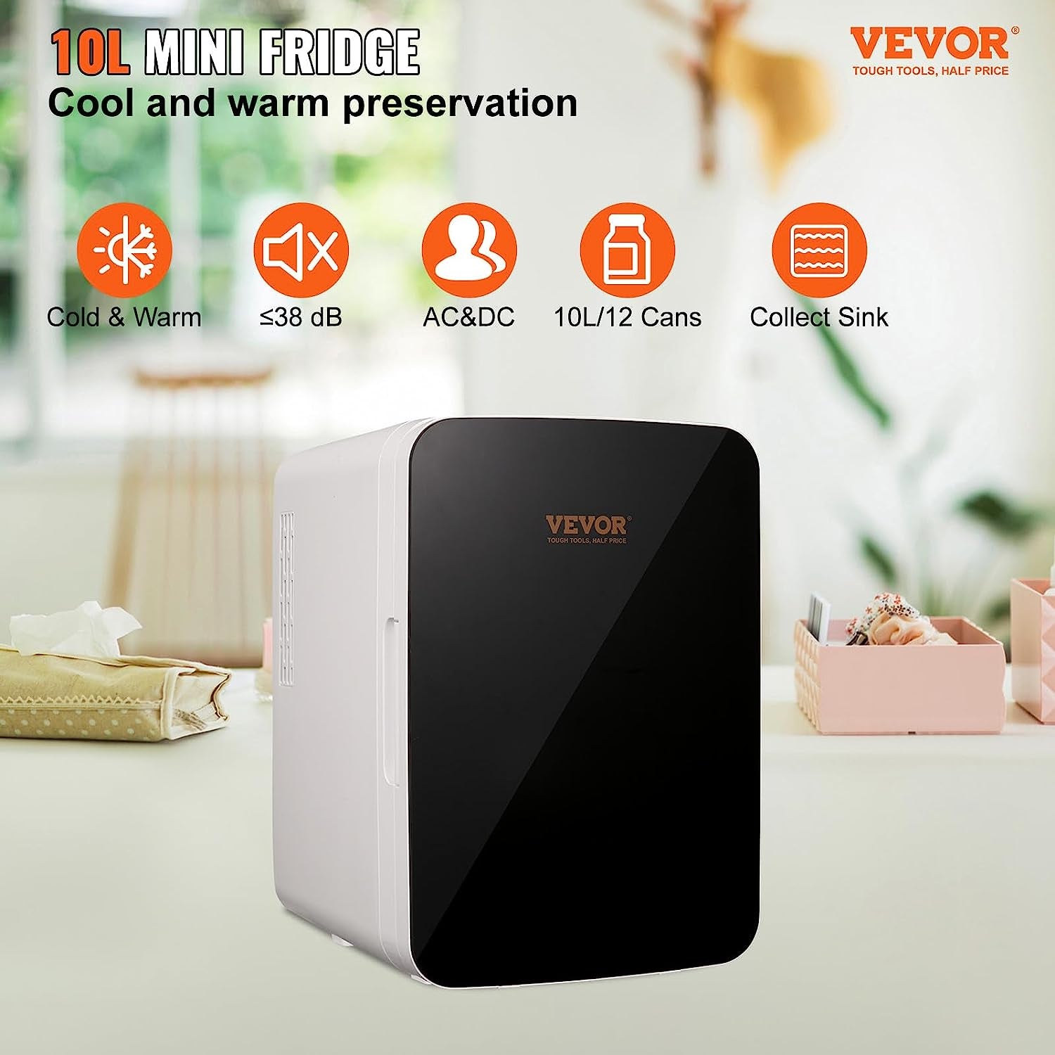 Mini Frigo 10 L 12 Canettes De 330 Ml Mini Réfrigérateur Portable 12 V DC/220 V AC Petit Frigo Cosmétique Double Mode Chaud/Froid 0,2 À 50 ℃ Pour Aliments Boissons Médicaments Cosmétiques Noir