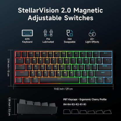 Ace60 Pro HE Clavier Gamer Magnétique, Clavier Filaire 60% | Effet Hall, 8Khz Rapid Trigger, Précision RT 0,01 Mm, Activation Réglable, Snap Tap, RGB, PBT, Hot Swap, SOCD, Pc/Mac, Noir