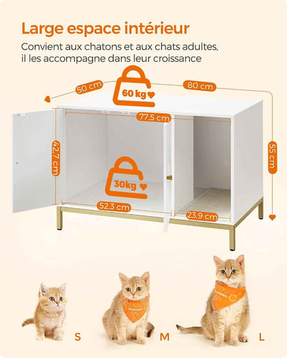 Meuble Litière Pour Chat, Maison De Toilette Pour Chat, Avec Tapis De Grattage, Pieds Hauts, Table D'Appoint, 80 X 50 X 55 Cm, Blanc Et Doré PCL007W01