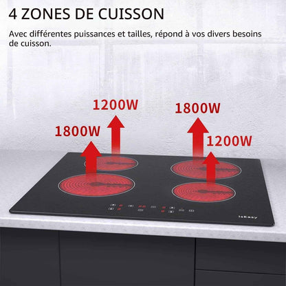 Plaque Vitrocéramique 4 Feux, Table De Cuisson Encastrable - (6000W, 4 Foyers, 60Cm, Autarkic, Tactile, Minuteur, Verre-Céramique