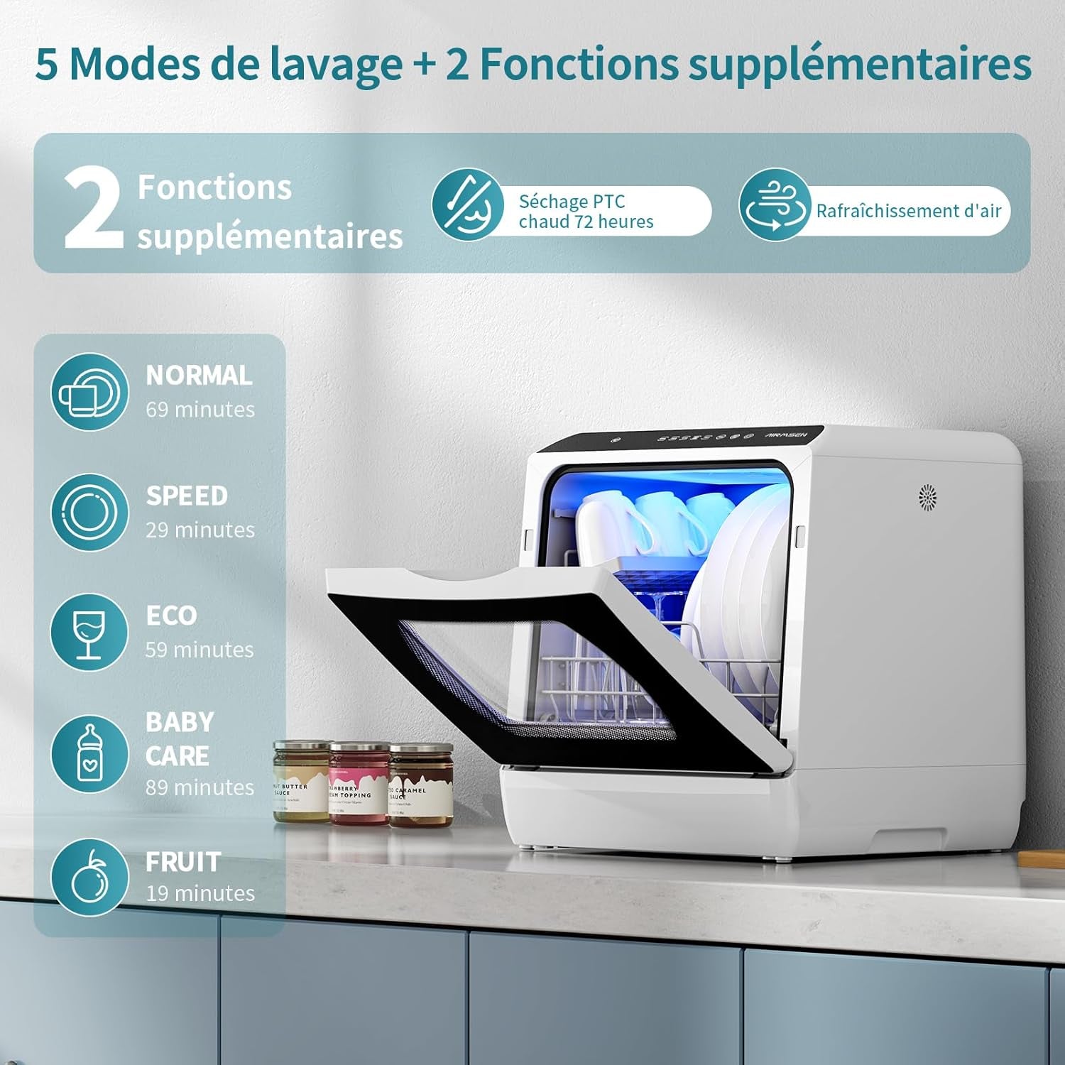 Mini Lave-Vaisselle De Comptoir, 5+1 Programmes, Réservoir D'Eau De 5L, Contrôle Tactile Et Écran LED, Adapté Pour Les Cuisines Familiales, Appartements Et Dortoirs, Blanc Et Noir