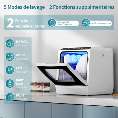 Mini Lave-Vaisselle De Comptoir, 5+1 Programmes, Réservoir D'Eau De 5L, Contrôle Tactile Et Écran LED, Adapté Pour Les Cuisines Familiales, Appartements Et Dortoirs, Blanc Et Noir
