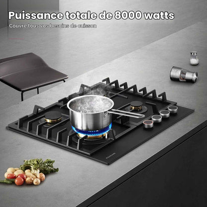 PRO GH2604BG1FC Plaque De Cuisson 4 Feux En Verre, Table De Cuisson Avec Boutons Éclairés, 60 Cm Avec Brûleurs En Laiton, Compatible Butane, 8000 W