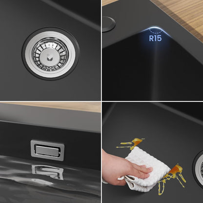 Évier De Cuisine Noir 70 X 45 X 20 Cm Avec Robinet Noir Extensible En Granit Avec Bonde Et Trop-Plein, 1 Bac Encastrable À Partir De 80 Cm De Largeur D'Armoire, Évier De Cuisine Avec Robinet