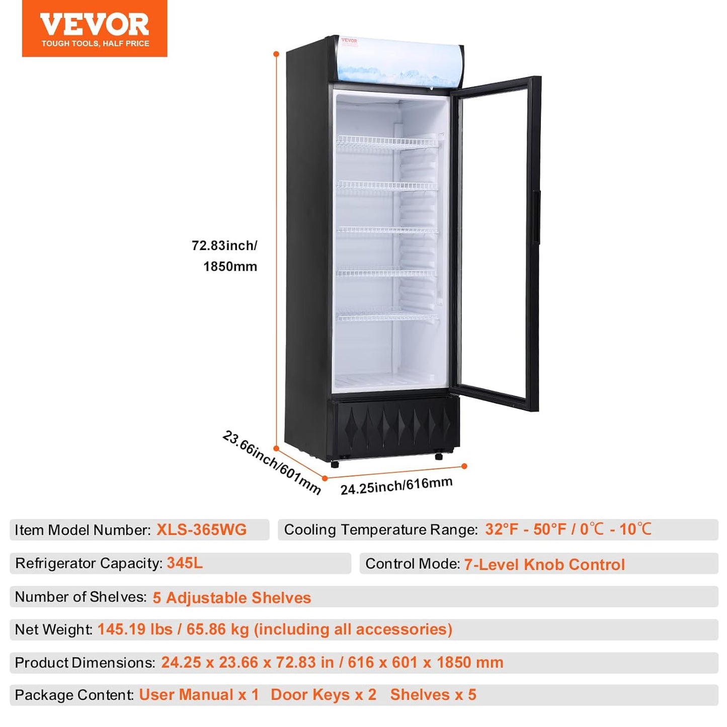 Réfrigerateur À Boissons Commercial 345 L Frigo Vitrine Température 0-10 ℃Armoire À Boisson Réfrigérée Avec 5 Étagères Réglables Et Caisson Lumineux Personnalisable Pour Magasin Supermarché Bar