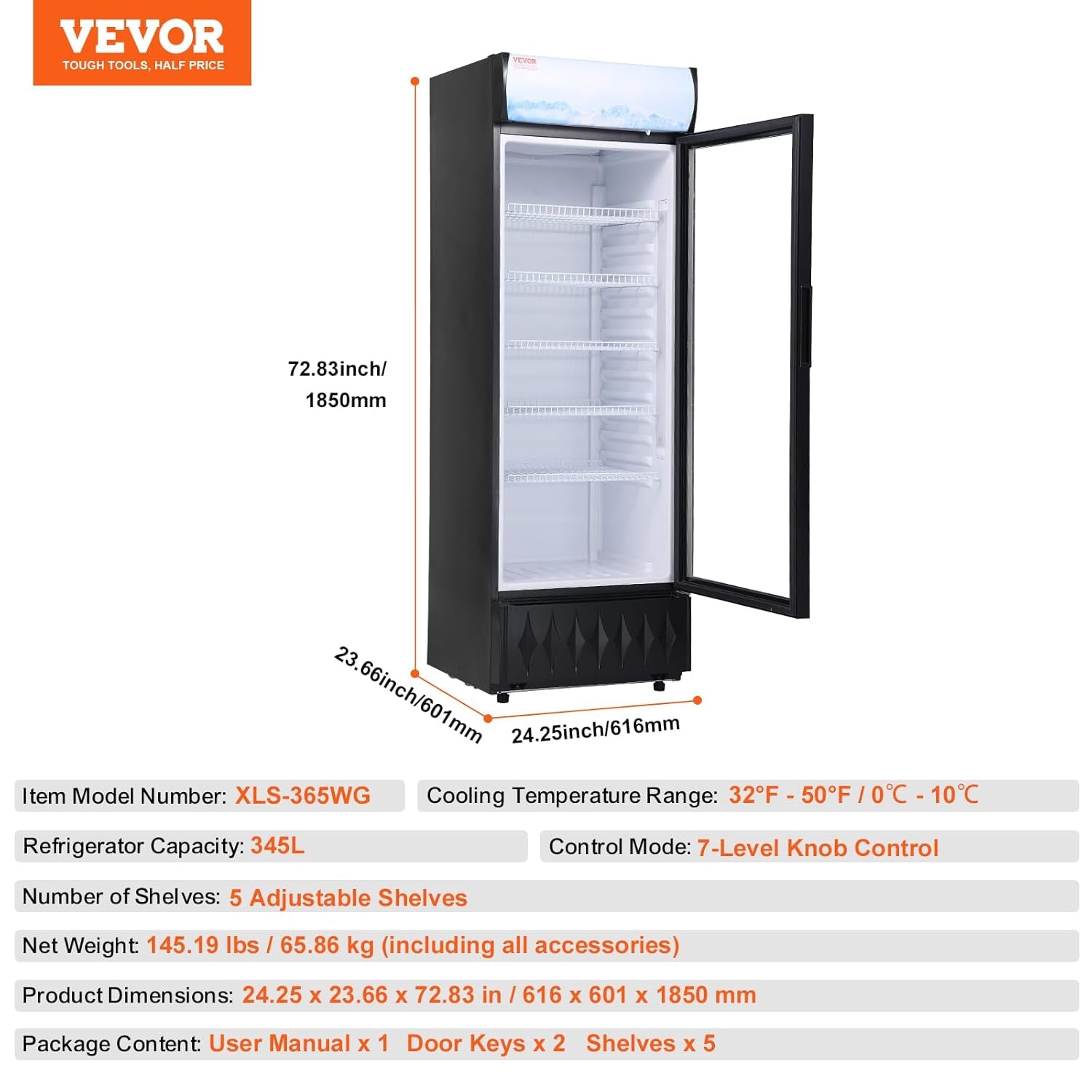 Réfrigerateur À Boissons Commercial 345 L Frigo Vitrine Température 0-10 ℃Armoire À Boisson Réfrigérée Avec 5 Étagères Réglables Et Caisson Lumineux Personnalisable Pour Magasin Supermarché Bar