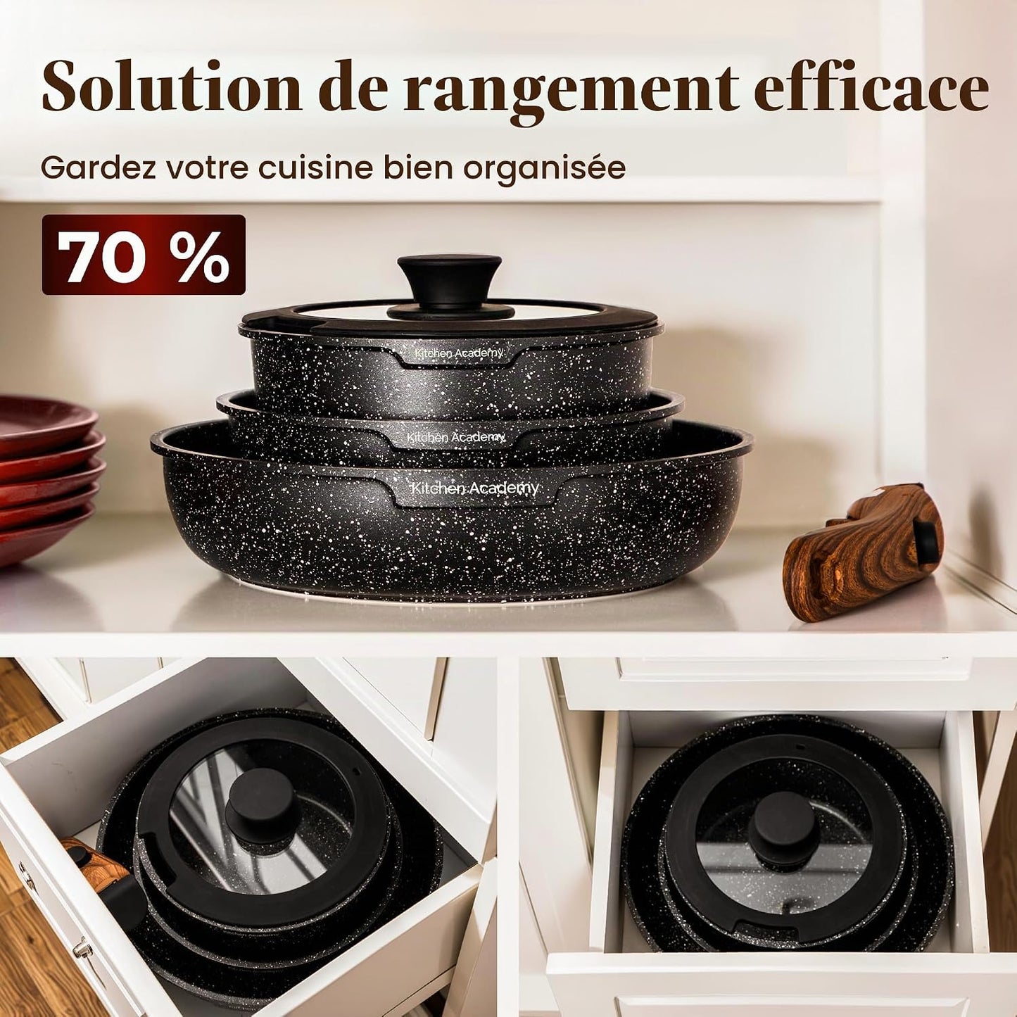 10 PCS Batterie Cuisine Induction Avec Poignée Amovible | Batterie De Cuisine Tout-Feux, Revêtement Antiadhésif En Granit Empilable Convient Aux Camping-Cars Et Au Camping