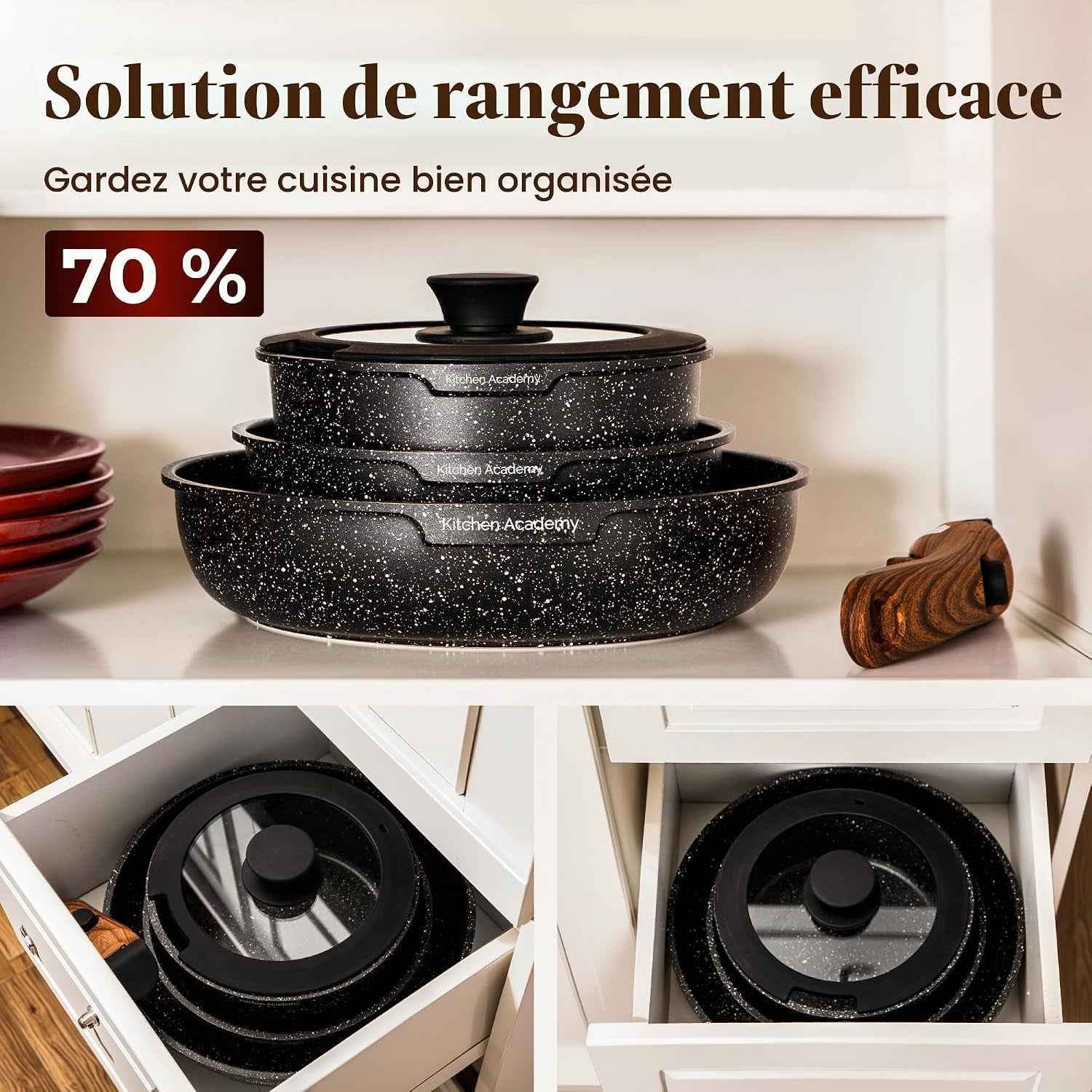 Set De Cuisine 10 PCS, Poêles Casseroles À Poignée Amovible | Batterie De Cuisine Tout Feux, Revêtement Antiadhésif En Granit Empilables Convient Aux Camping-Cars Et Au Camping