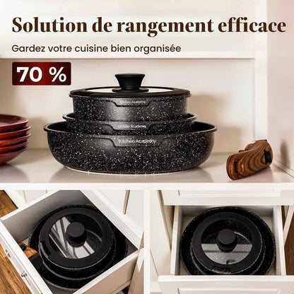 Set De Cuisine 10 PCS, Poêles Casseroles À Poignée Amovible | Batterie De Cuisine Tout Feux, Revêtement Antiadhésif En Granit Empilables Convient Aux Camping-Cars Et Au Camping