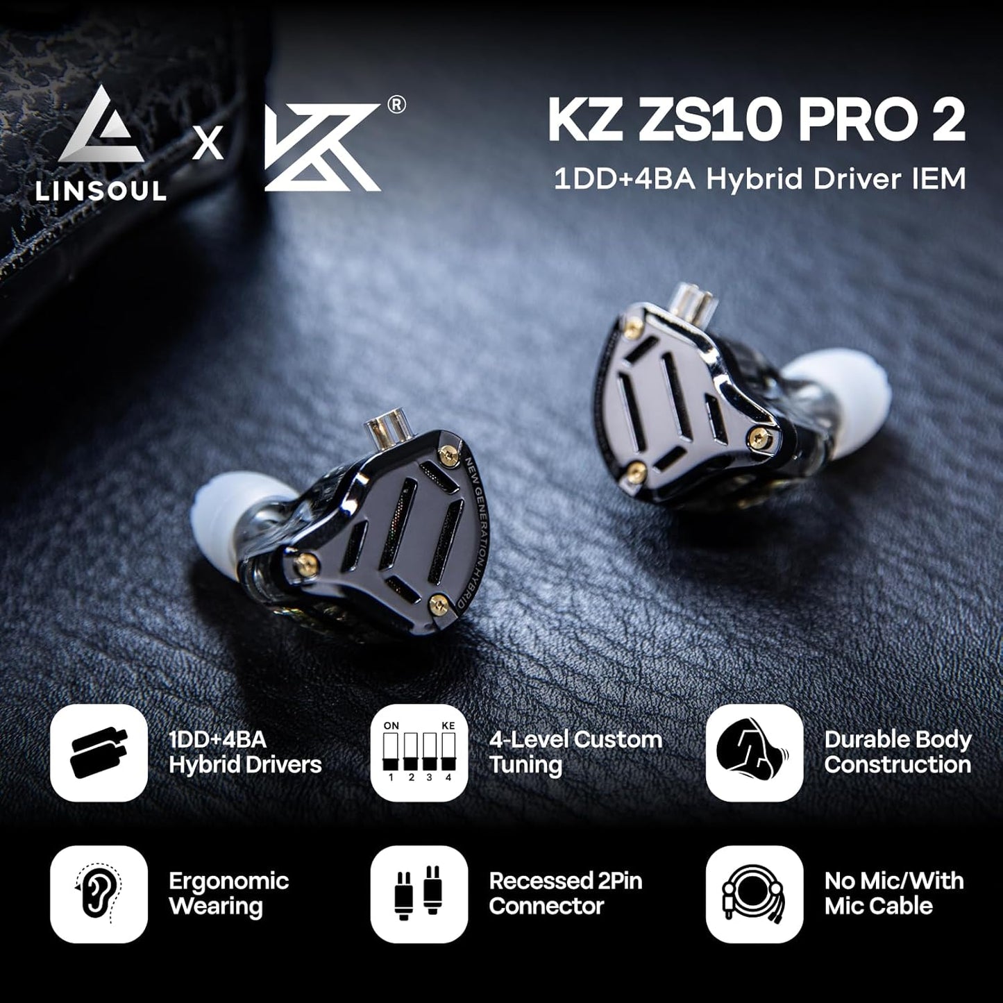 KZ ZS10 Pro 2 in Ear Monitor Écouteurs Filaires Hybrides 1DD+4BA | Avec Commutateur De Réglage À 4 Niveaux, Écouteurs De Jeu Croisés À 3 Voies (Sans Microphone, Noir)