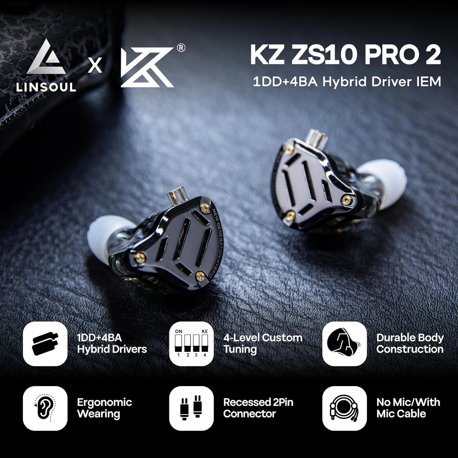 KZ ZS10 Pro 2 in Ear Monitor Écouteurs Filaires Hybrides 1DD+4BA | Avec Commutateur De Réglage À 4 Niveaux, Écouteurs De Jeu Croisés À 3 Voies (Sans Microphone, Noir)