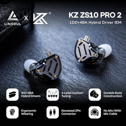 KZ ZS10 Pro 2 in Ear Monitor Écouteurs Filaires Hybrides 1DD+4BA | Avec Commutateur De Réglage À 4 Niveaux, Écouteurs De Jeu Croisés À 3 Voies (Sans Microphone, Noir)